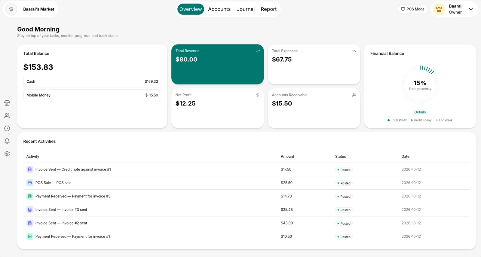 Baaral dashboard showing balance, revenue, expenses and recent activity