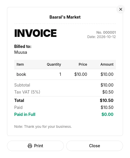 A Baaral invoice showing subtotal, VAT and total