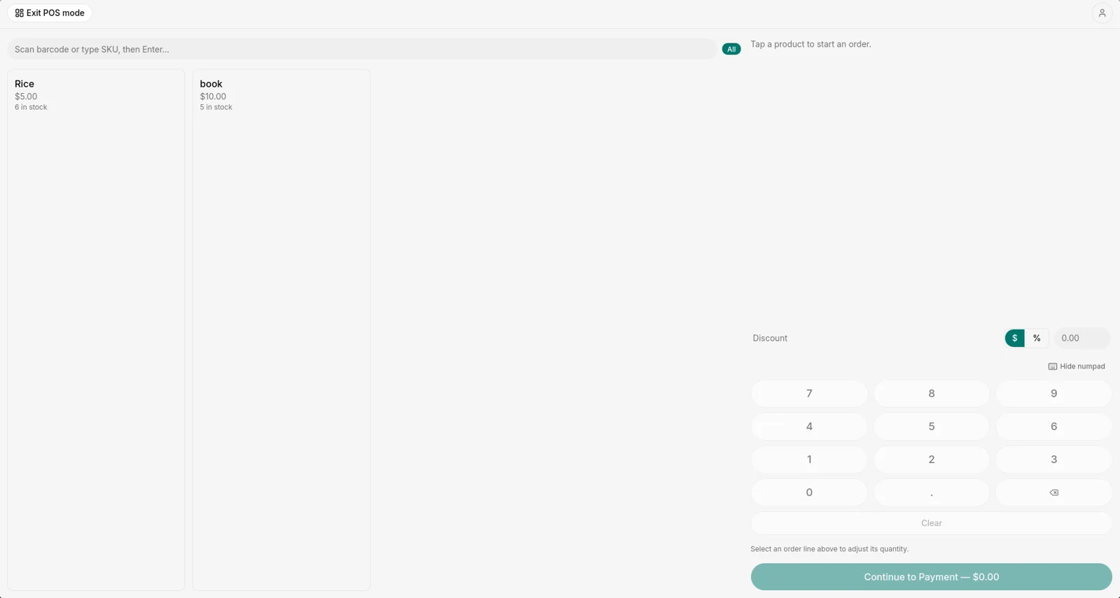 Baaral point-of-sale screen with product tiles and a numpad